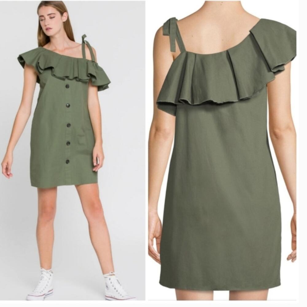 NWT English Factory Green Flounce Ruffle One Tie Shoulder Button Mini Dress XS